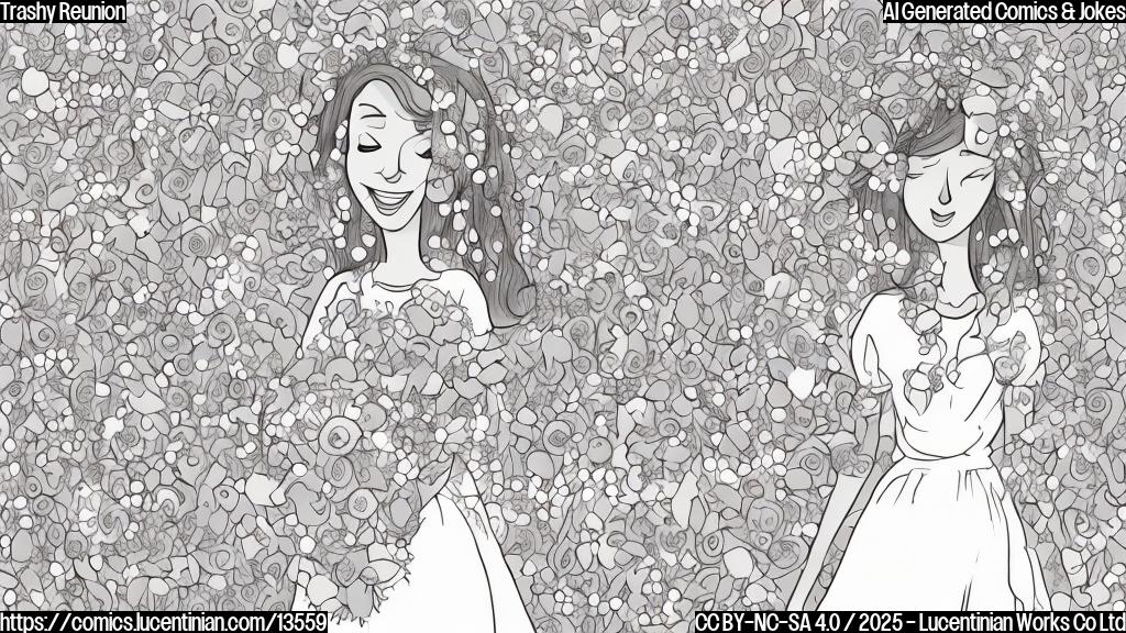 Draw a plain color cartoon style picture of a person in a white dress with flowers and hugs from people around them, looking emotionally upset but smiling slightly at the center.