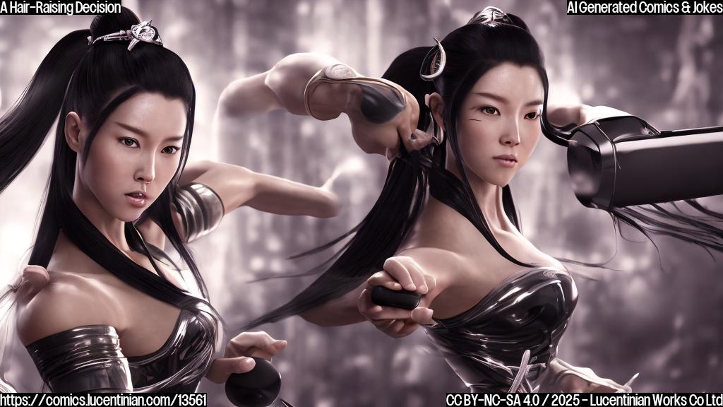 A female character with long, flowing black hair sits in a salon chair. She has a worried expression on her face and is surrounded by hair dryers and styling tools. In the background, there's a blurred image of Chun-Li kicking her opponent.