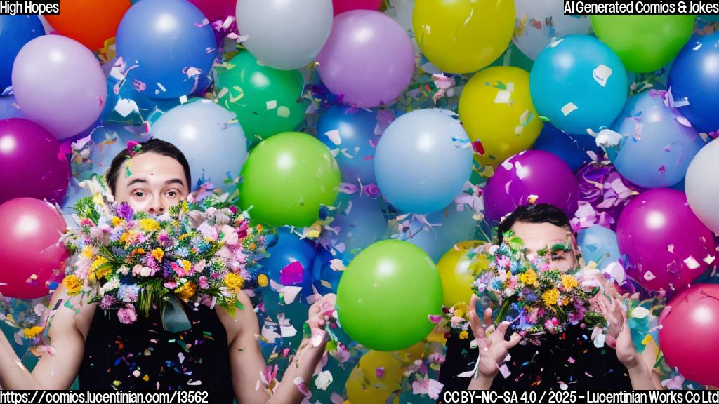 a person with a surprised expression holding a bouquet of colorful flowers, surrounded by balloons and confetti, with a faint green glow emanating from their hand
