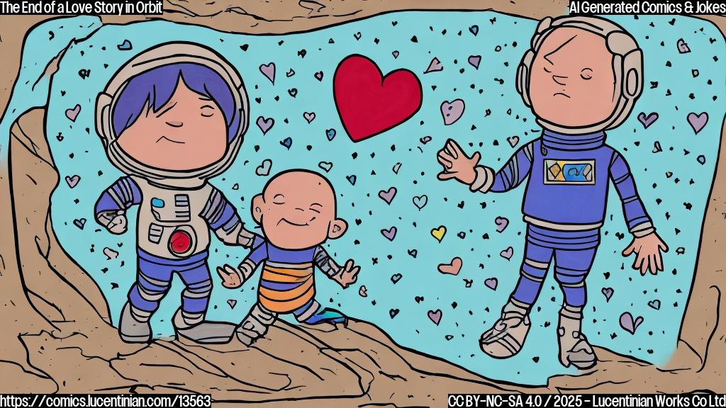 Draw a plain color cartoon style picture of an astronaut holding a sign that says "I'm out of love" with a broken heart symbol next to it and a small crying baby in a spaceship background.