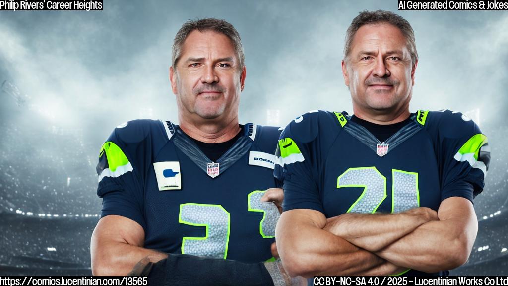 A middle-aged man with a strong build, wearing a black and blue jersey with white numbers, standing next to a ladder. He has a determined expression on his face, with a hint of excitement in his eyes. The background is a blurred football stadium, with the Seahawks' logo visible in the distance.