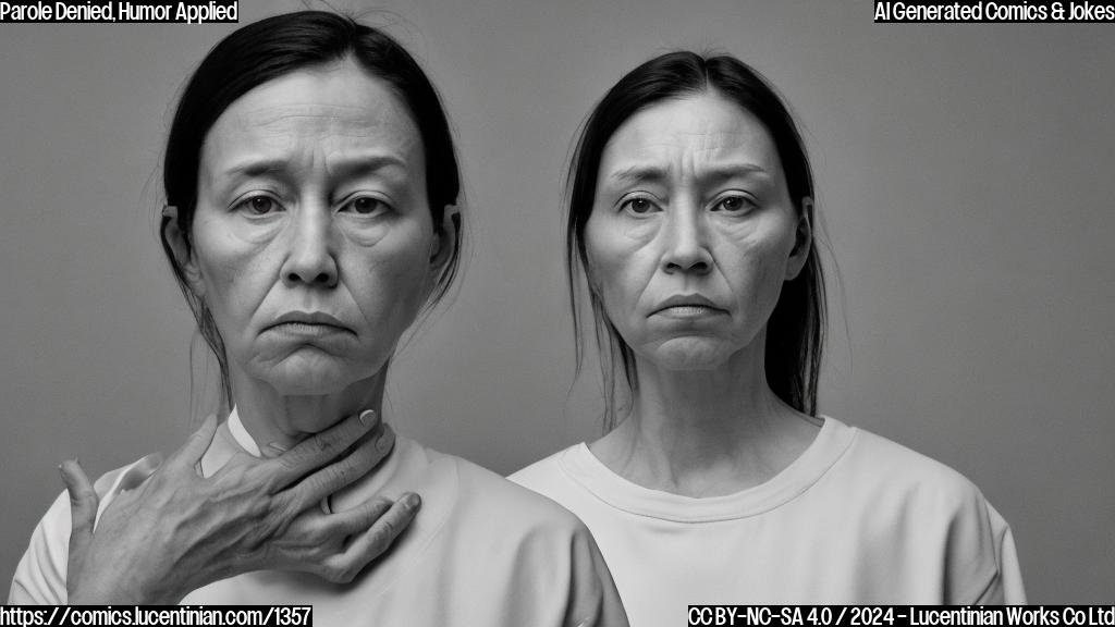 A woman with a stern expression and a hint of sadness, wearing a gray prison uniform, standing in front of a gray background. Her hands are clasped together in front of her, and her eyes are cast downward. The atmosphere is somber and reflective.