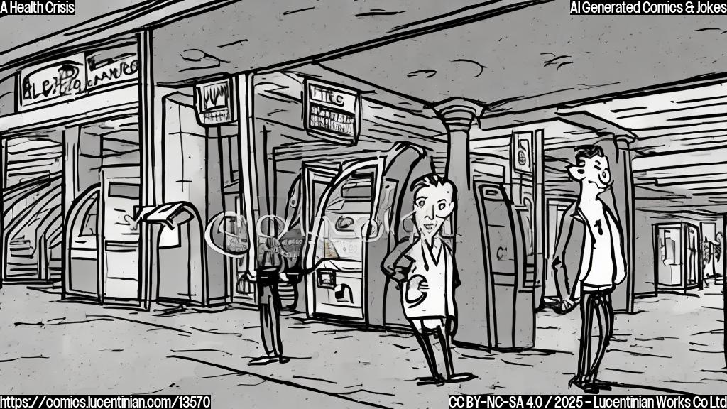 Draw a cartoon of a person standing in front of an escalator, holding a ladder and looking worried. The background should be a cityscape with a large insurance company logo on the side of a building.