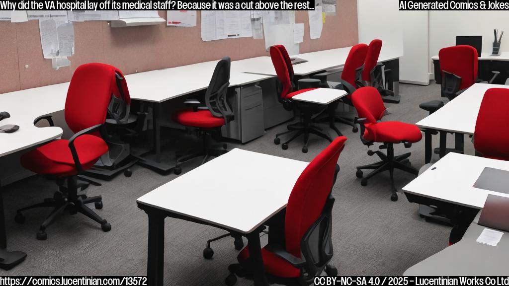 a group of empty office chairs sitting in a row, with a few scattered papers and a red "OUT OF OFFICE" sign on one of them