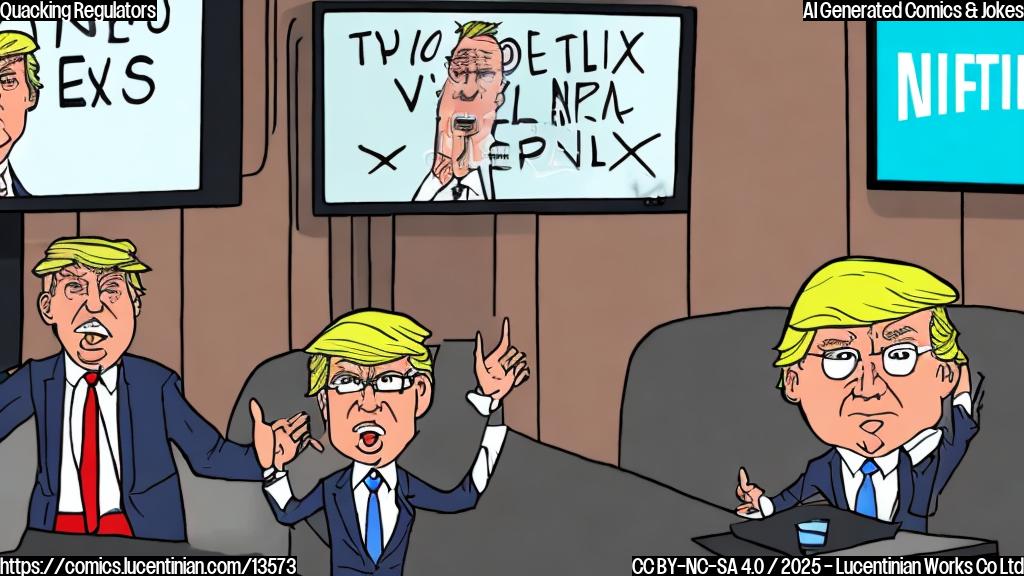A cartoon of a European regulator looking annoyed, with a TV screen behind them showing David Ellison's face and a Netflix logo. The regulator is holding a 'X' symbol over the deal, while Trump looks on in approval from the sidelines, holding a "Great Deal" sign.