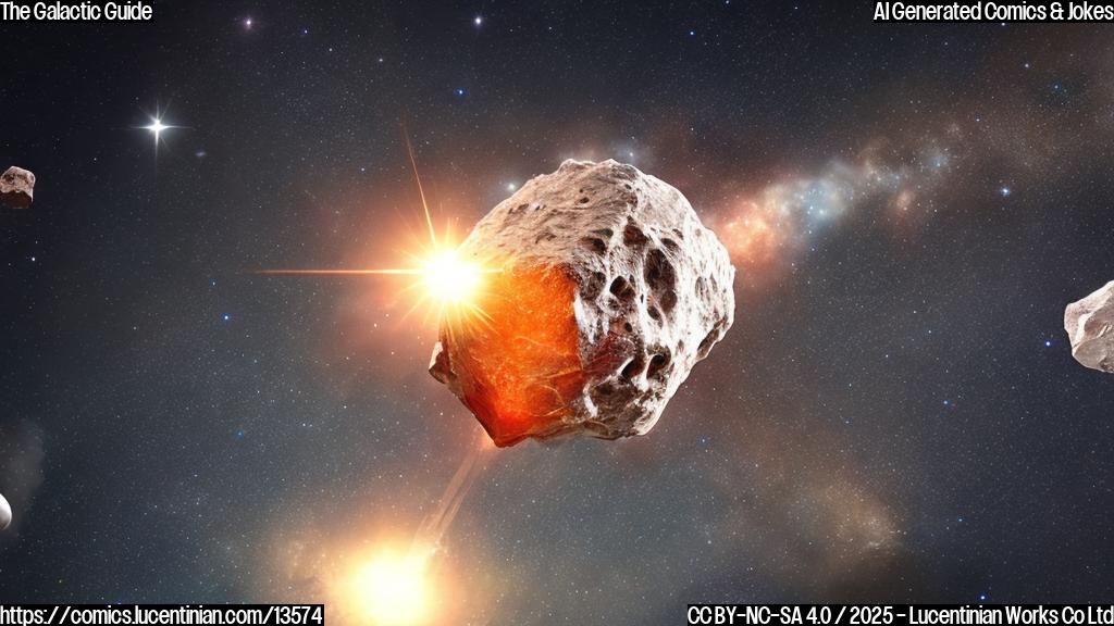 Asteroid (3200) Phaethon with a broken heart surrounded by stars, with a spaceship in the background.