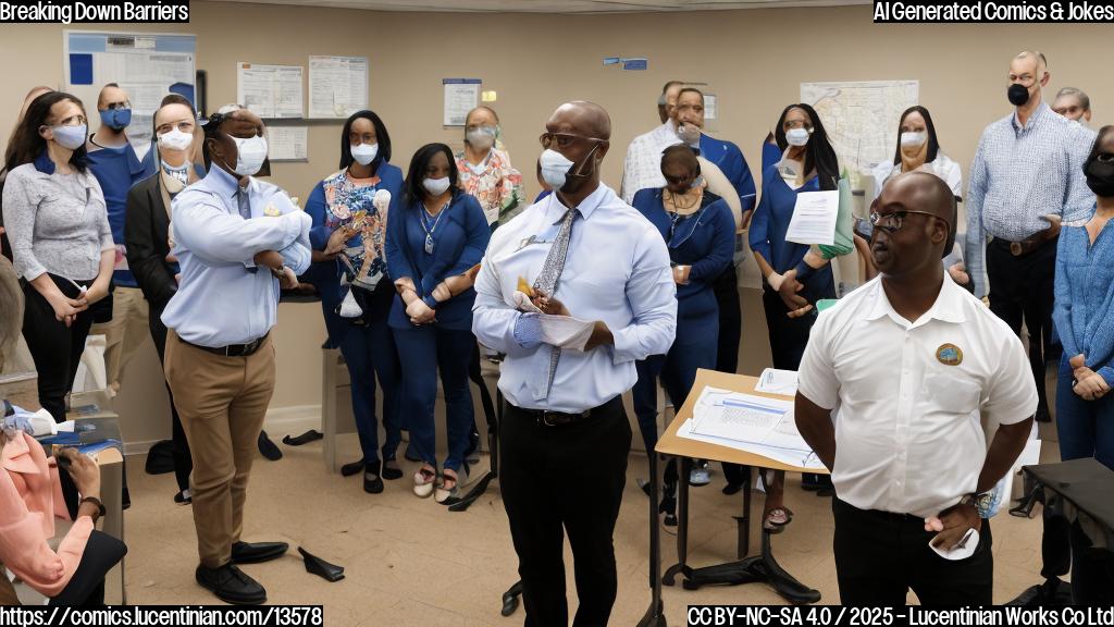 A cartoon-style image of a person wearing a " exemption" badge, standing in front of a podium with a city map or Florida background, surrounded by several people holding different vaccine-related documents and looking frustrated or confused. The immunization expert is shown walking away from the meeting, arms crossed, with a skeptical expression on their face.