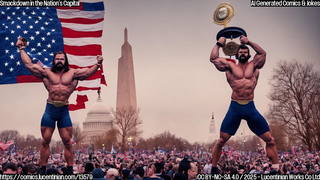 A muscular, mustachioed figure with a WWE championship belt around his waist stands on a raised platform, holding a large wrestling belt aloft as the crowd cheers. The background is a blurred image of the Washington Monument and the US Capitol Building, with American flags waving in the wind. The wrestler's face is contorted in a fierce expression, and his arms are raised in triumph.