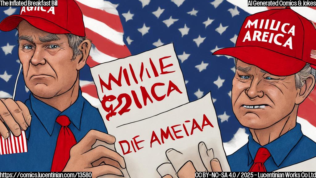 Draw a cartoon of a middle-aged man, wearing a red "Make America Great Again" hat and holding a menu with a $20 price tag. The man is looking surprised and frustrated on his face, with a hint of embarrassment in his expression. The background should be a dimly lit restaurant with people sitting at tables, also looking shocked by the high prices.
