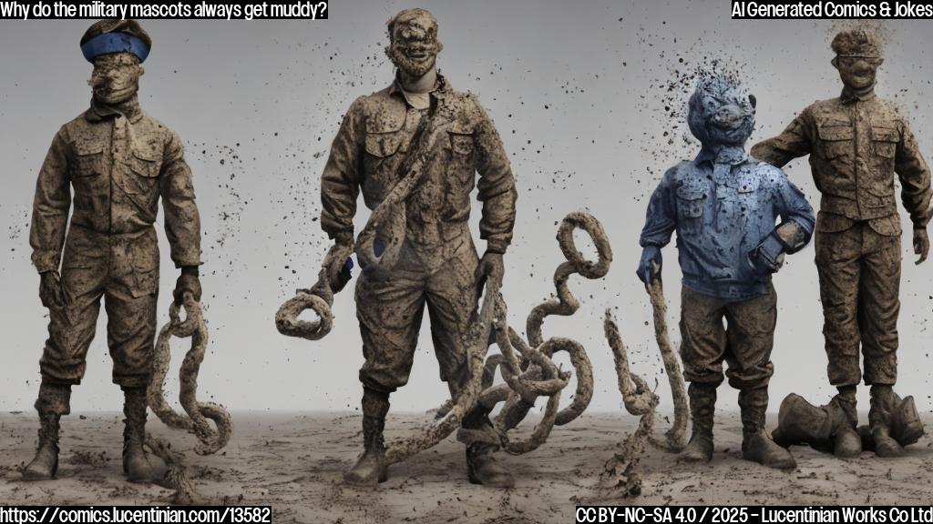 A cartoon-style image of a navy mascot with mud splattered on its uniform, standing next to an army mascot with a similar mud-covered uniform, both looking dejected and covered in dirt. The two mascots are connected by a rope or chain that appears to be pulling them towards each other, symbolizing the rivalry between the two teams.