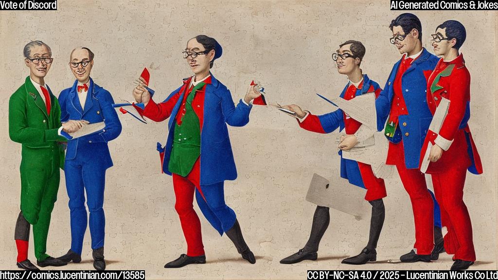 A smiling, bespectacled figure with a clipboard and a puzzled expression sits between two opposing figures. One wears a bright red suit, while the other is clad in blue, both symbols of the rival parties. The figure with the clipboard looks surprised and concerned.