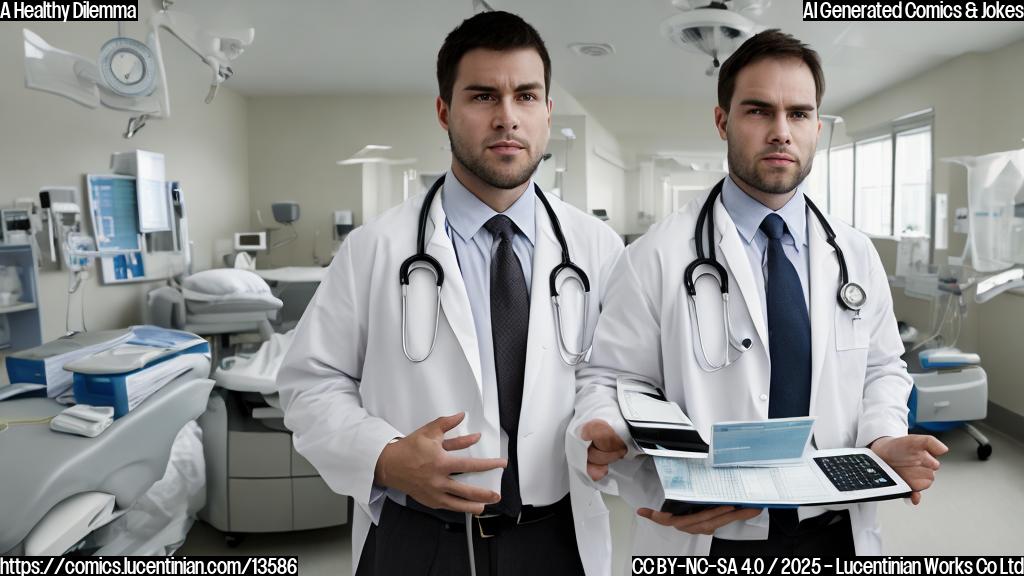 A person with a briefcase in one hand and a calculator in the other, standing next to a hospital bed with an overwhelmed expression, surrounded by various medical records and bills.