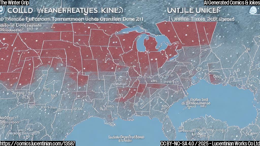 a cold front with icy fingers covering a map of the United States with snowflakes and temperatures dropping to zero