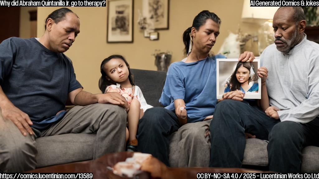 A grieving father sitting on a couch with his therapist, looking concerned and holding a photograph of himself with his late daughter Selena.