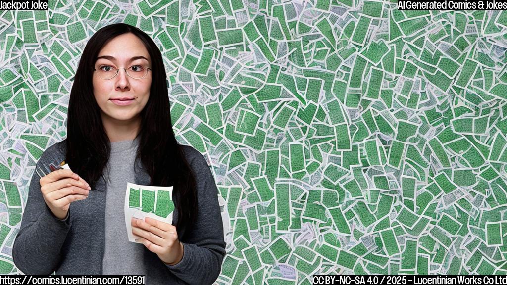 A person holding a large, green lottery ticket with a surprised and sad expression, standing in front of a gray background with a few scraps of paper and pens scattered around them.