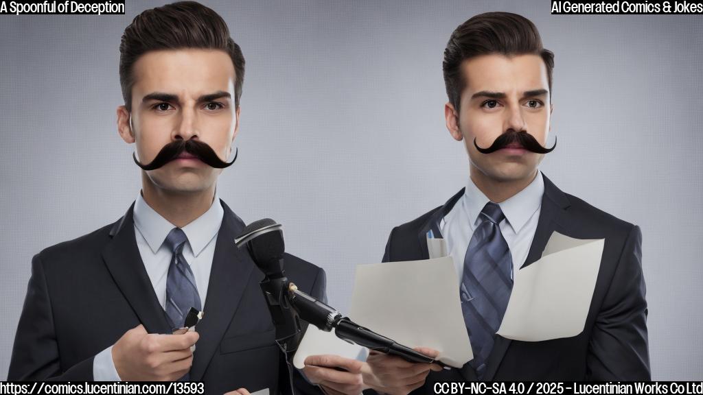 a news anchor with a bushy mustache and a suit, holding a microphone in one hand and a notebook in the other, standing in front of a TV studio with a shocked expression on his face