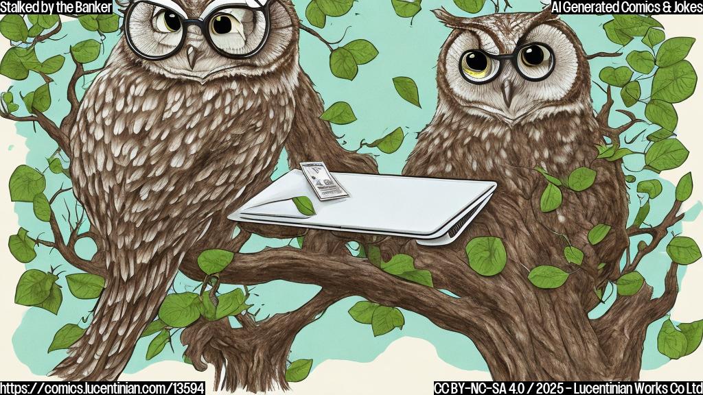A cartoon of a wise-looking owl wearing glasses and sitting on a tree branch, with a laptop open in front of it showing a bank account balance going down. The owl is surrounded by dollar signs and has a worried expression.