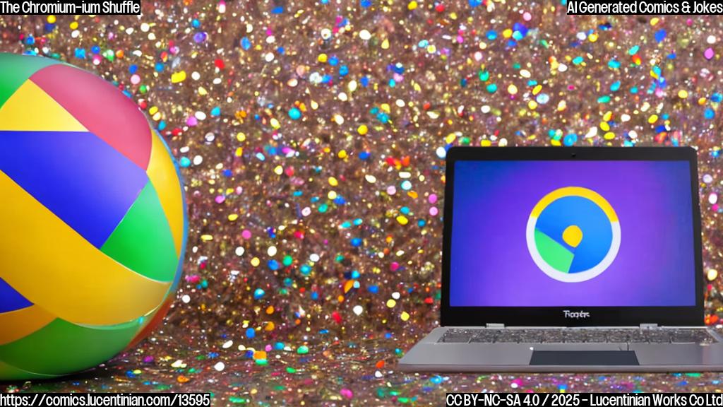 A Chromebook with a strong foundation, made of shiny metallic materials, surrounded by confetti and balloons, with a disco ball in the background.