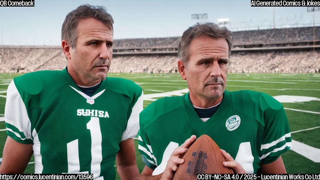 a middle-aged football quarterback in a green and blue jersey with a determined expression, holding a football and standing in front of an American football stadium