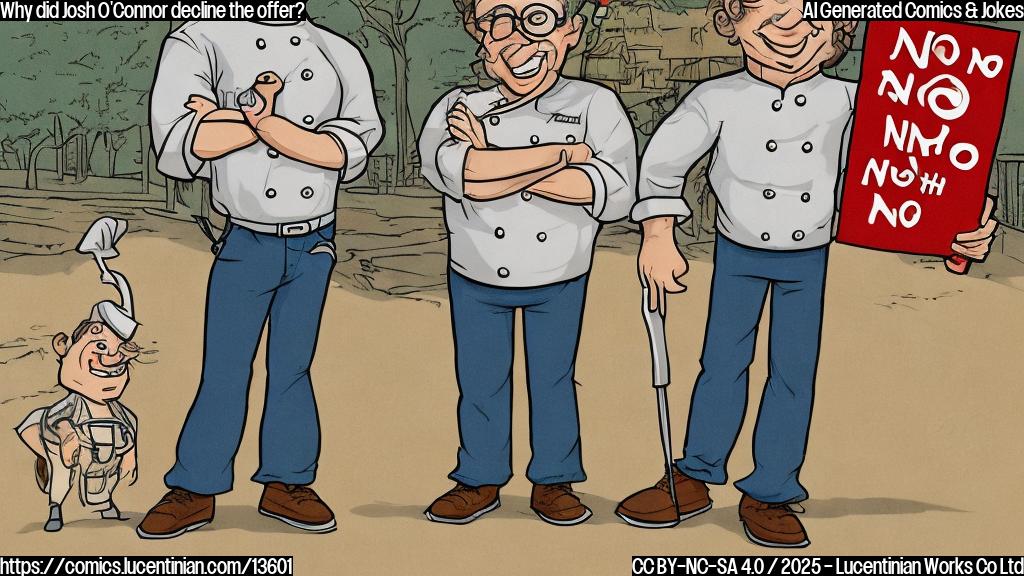 A cartoonish illustration of a person (Josh O'Connor) holding a sign that says "no" and crossing their arms, with a sly grin on their face. In the background, there's a faint image of a chef hat and a kitchen utensil.