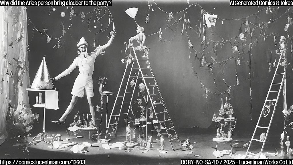 Aries person standing on top of a ladder, wearing a party hat and holding a champagne glass, surrounded by friends and decorations.