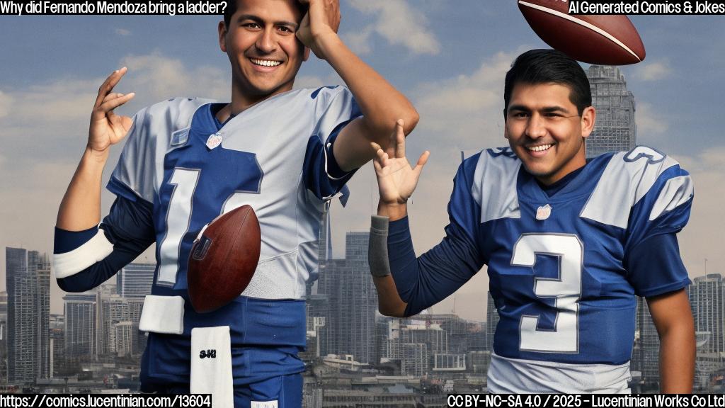 A charismatic quarterback holding a football and standing on top of a ladder, with a cityscape in the background and a trophy on a pedestal below him. The ladder should be leaning against a podium, and Fernando Mendoza should be smiling and triumphant.