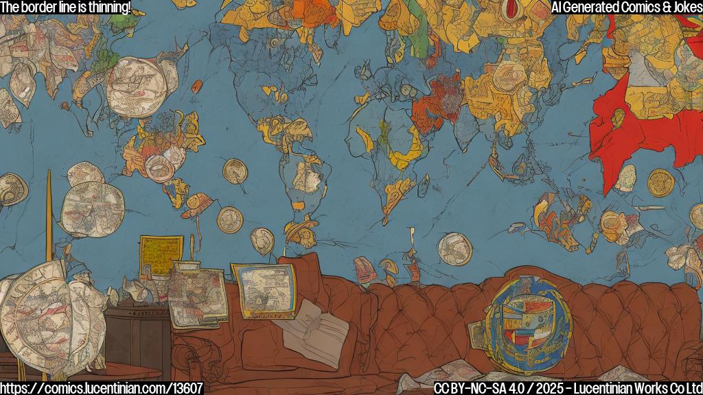 Illustrate a cartoon of two warring nations with blurred borders, symbolizing the disputed territory. The Thai and Cambodian flags are faded and torn, with a therapist's couch in the center, surrounded by maps and diplomats. A thought bubble above the therapist's head shows a border line with a dotted arrow pointing towards a "borderline" personality.