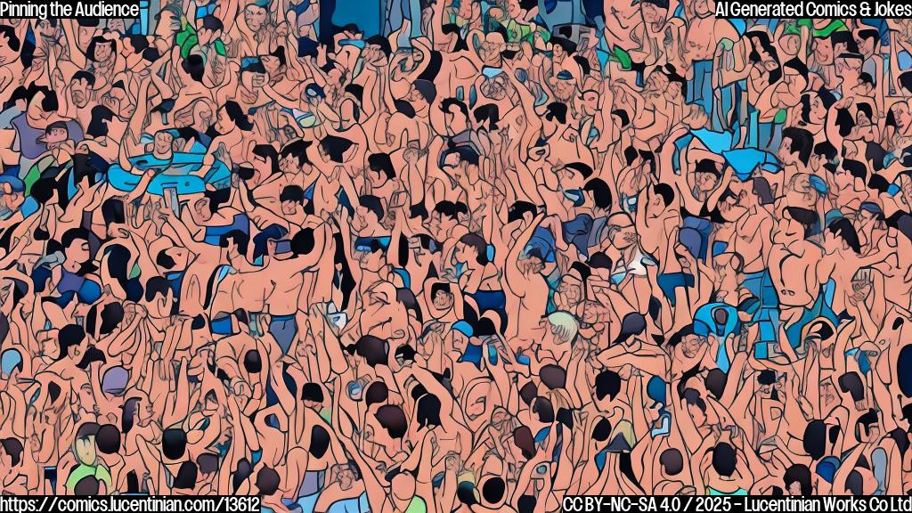 Draw a plain color cartoon style picture of a wrestling ring with a crowd of people sitting in the front row, wearing WWE merchandise and holding up their phones to watch John Cena's final match on their devices.