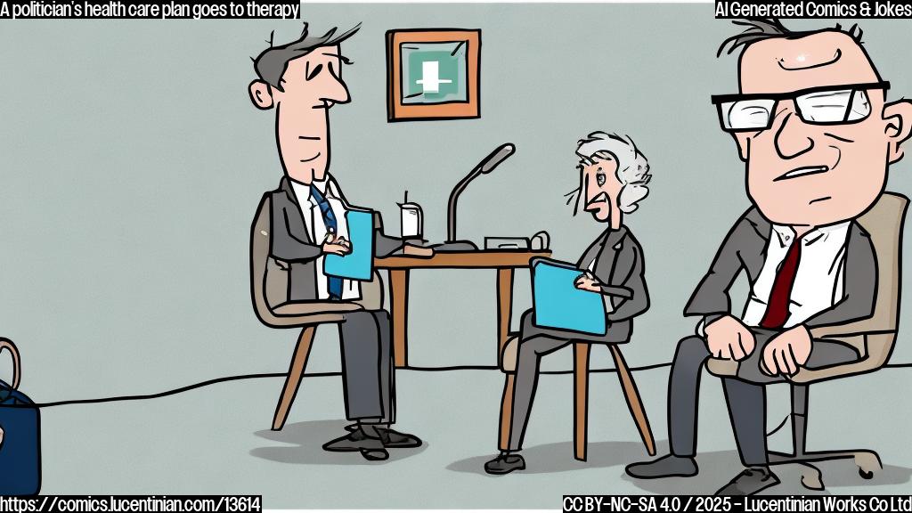 A simple, plain cartoon style picture of a therapist sitting in a chair with a confused expression on their face, next to a person holding a briefcase labeled "Health Care Plan" and another briefcase labeled "Uncovered Costs". The background should be a muted blue color with a few scribbled notes on the wall.