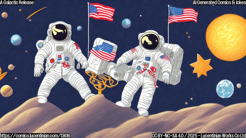 Draw a simple cartoon style image of a smiling astronaut in a spacesuit, holding a star-shaped trophy with a subtle glow effect around it, surrounded by tiny flags representing freedom and humanity. The background should have a soft, gradient blue color to represent space.