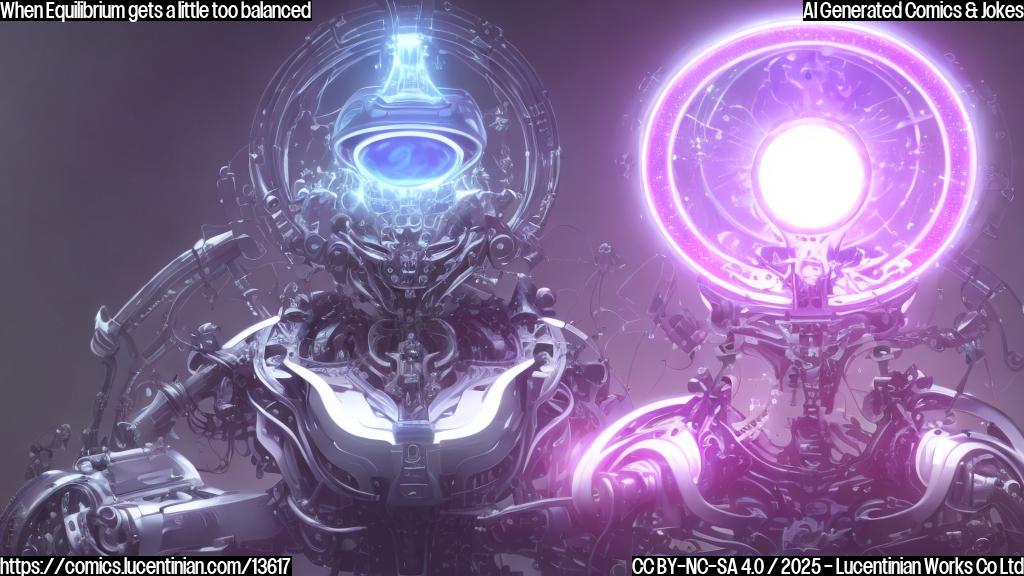 Draw a stylized cartoon representation of a futuristic, mechanical entity with metallic plates and a glowing purple energy source, surrounded by a halo of light, sitting in a therapist's office with a calm and collected expression.