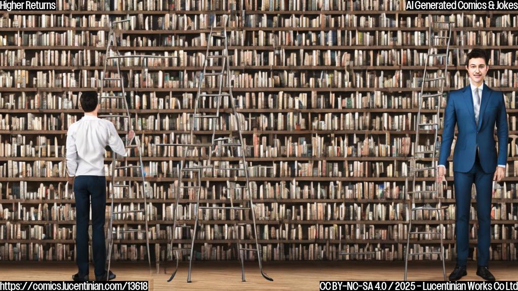 a bullish investor stands on a ladder with a graph showing increasing stock prices in the background, surrounded by books and coins