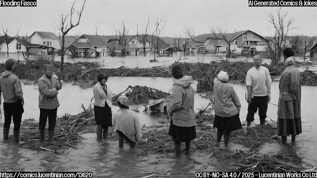 A group of Alaskan villagers standing on dry land, looking out at a flooded village in the background. The villagers are holding small signs that read "Higher Ground" and "No More Floods". The village behind them is partially destroyed, with debris scattered about. One villager is pointing upwards towards the horizon.