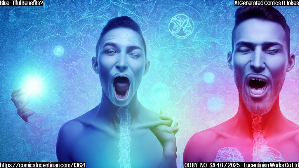 A colorful, cartoon-style image of a person with a blue tint on their tongue and a thoughtful expression, surrounded by various wellness products like supplements and brain-boosting gadgets. The person is standing in front of a bright blue background with subtle brain wave patterns and longevity-related icons subtly integrated into the design.