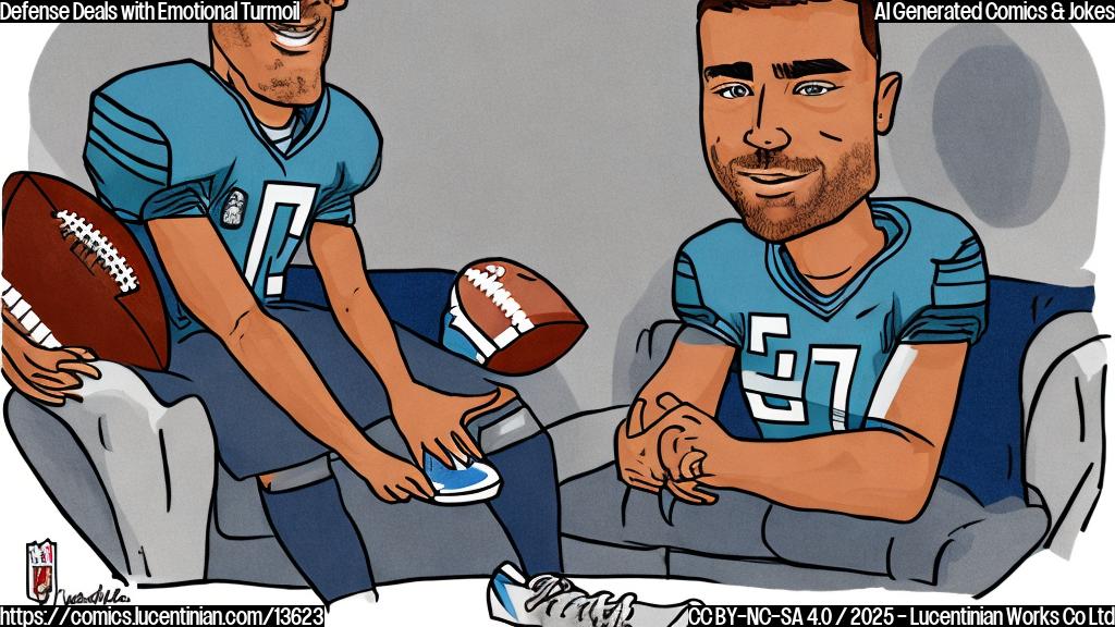 A cartoon-style image of a football player wearing a therapist's hat, sitting on a couch, surrounded by football helmets and pads. The player is holding a football in one hand and has a worried expression on their face.