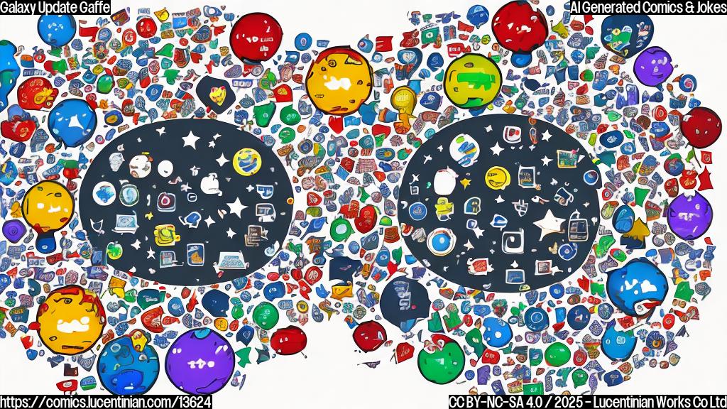 A cartoon of a smiling Galaxy S23 device with a country flag on its screen, surrounded by thought bubbles with speech bubbles containing the words "country issues" and "patchy" in a playful, cartoonish font.