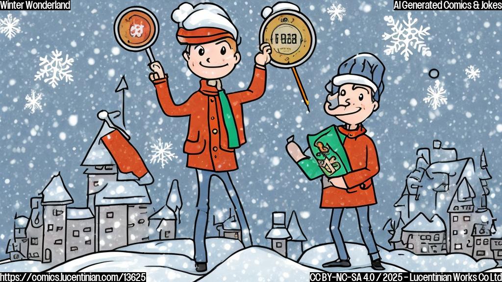 draw a plain color cartoon style picture of a weatherman with a thermometer in hand, surrounded by falling snowflakes and a cityscape with snow-covered buildings, with the weatherman looking worried and holding a speech bubble with the word "cold" inside