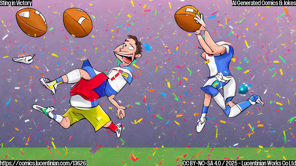 Colorful cartoon of a football player kicking a ball through a goalpost, surrounded by confetti and a shocked expression on his face.