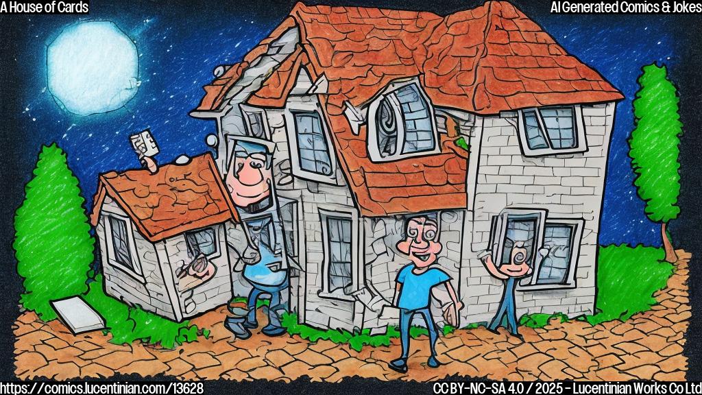 Draw a cartoon-style picture of a person holding a ladder while standing in front of a house, with a subtle smile on their face and a wallet or piggy bank in hand. The house should have a few cracks or chips in the wall, symbolizing the financial struggles that the homeowner is trying to overcome.