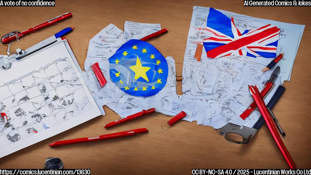 Draw a plain color cartoon style picture of a person in a suit sitting at a desk with a calendar and a red X marked through a date, surrounded by papers and pens, with a faint image of the European Union flag in the background.