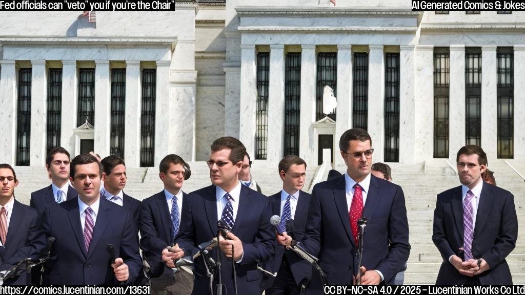 A stern-looking person with a suit and tie holding a microphone, standing in front of the Federal Reserve building, while a group of people in suits are shown looking unimpressed and crossing their arms.