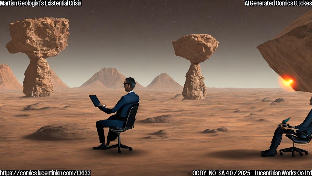 A Martian geologist sitting in a therapist's chair, looking worried and holding a tablet with a graph showing a decrease in exploration funding. The therapist is listening intently, nodding their head. In the background, there's a large window showing the vast, barren Martian landscape.