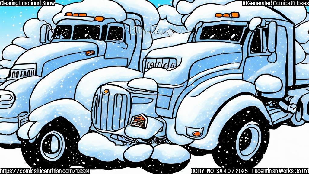 Draw a simple cartoon of a snowplow with a thought bubble above its cab, surrounded by swirling snowflakes and emotional expressions (e.g. sad faces, smiling faces). The snowplow should be wearing a pair of sunglasses and a smile on its front grille.