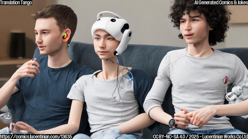 A humanoid robot with a speech bubble and a pair of Android earbuds, sitting on a couch with a person who is speaking different languages