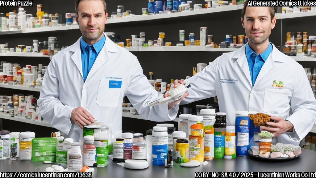 A human figure with a lab coat, surrounded by protein powders and supplements, looking concerned while holding a plate with a "too much" protein symbol on it