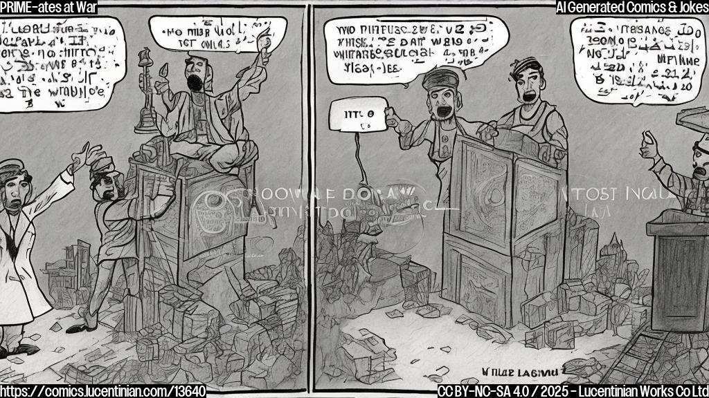 Draw a cartoon of two Afghans standing on top of a podium, holding microphones and looking frustrated. The Afghan on the left is wearing a puzzled expression and has a ladder under his arm. The Afghan on the right is giving a thumbs down to the audience, with a speech bubble saying "Take it to a higher level?"