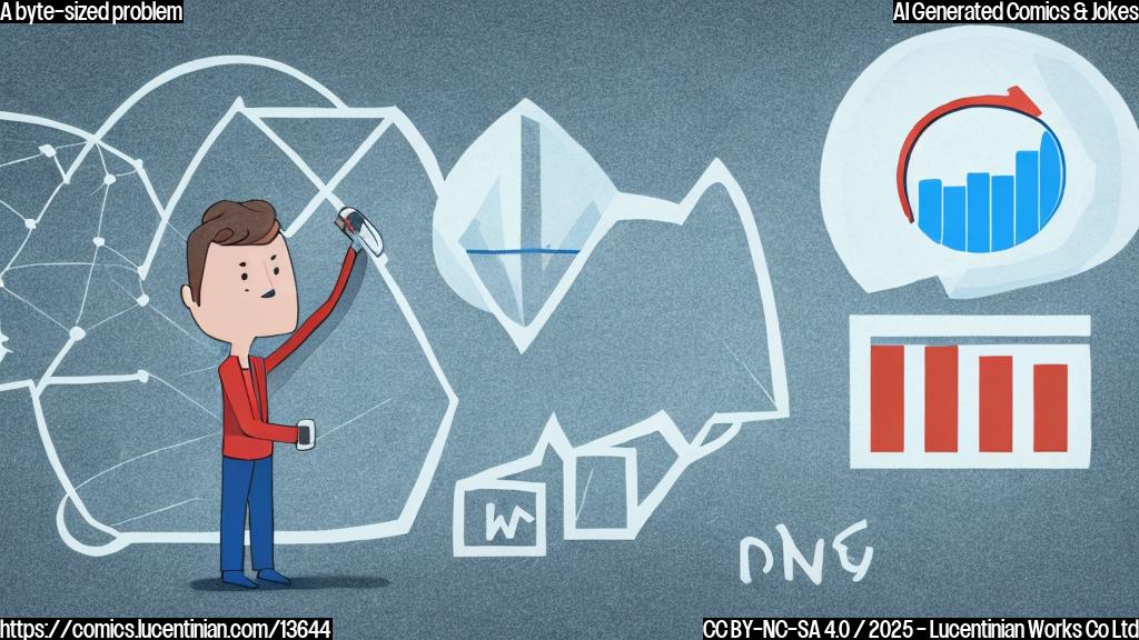 Draw a simple cartoon of a person holding a graph that is dropping, with a thought bubble above their head showing a small byte symbol and a financial chart with a downward trend. The background should be a muted blue color to represent uncertainty.