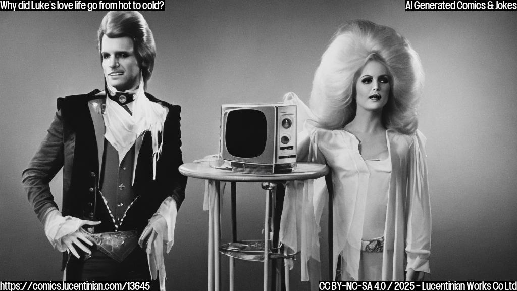 A ghost with a 1970s and '80s setting, wearing a soap opera-inspired outfit, standing near an empty TV studio chair.