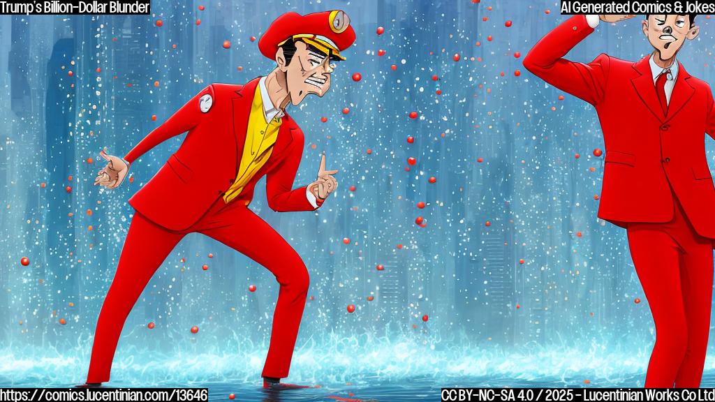 A cartoon-style image of a person wearing a bright red suit, with a shocked expression on their face and a large amount of water splashing around them. The person is standing in front of a courtroom, with a cityscape or a TV studio in the background. The style should be similar to a classic comic strip, with bold lines and simple shapes.