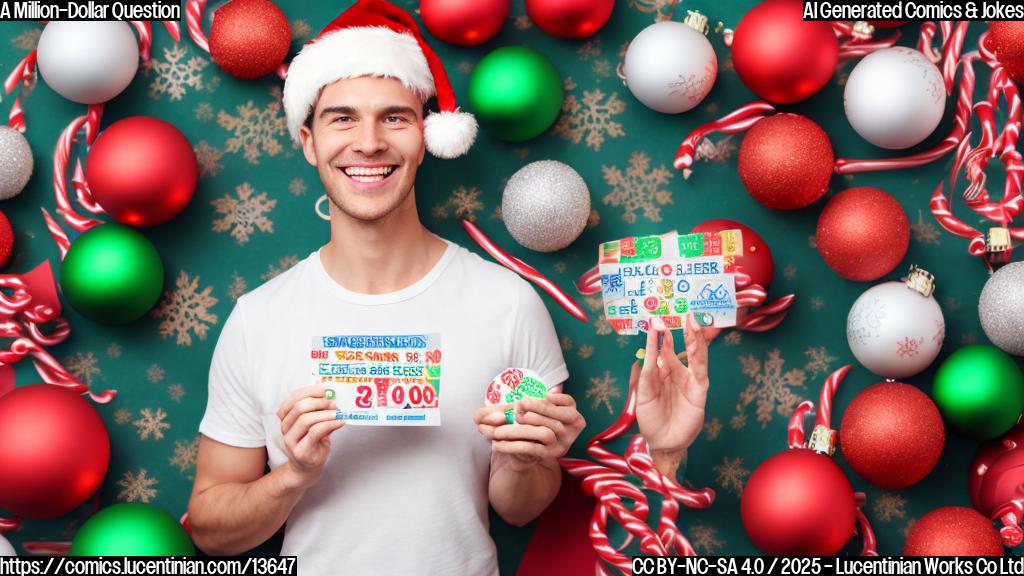A smiling person holding a Powerball ticket with a festive holiday background and a calendar in the corner displaying December 22nd. The person's eyes are wide with excitement, surrounded by wrapping paper and ribbons symbolizing good luck and Christmas cheer.